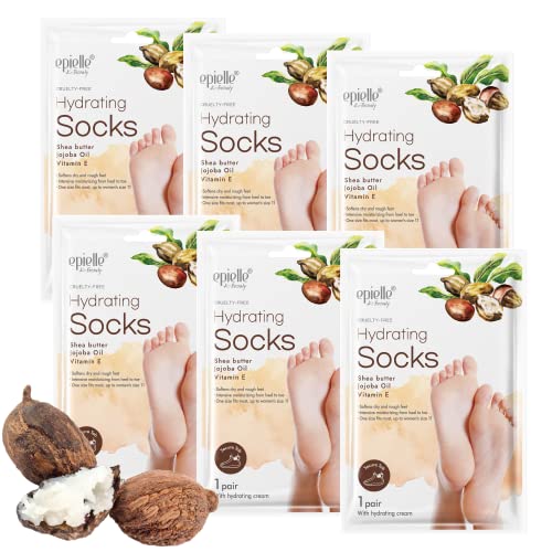 Epielle Hydrating Foot Masks - Deep Moisture for Cracked Feet, Shea Butter & Jojoba Oil - 6 Pack