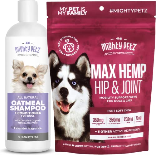 Mighty Petz Pet Grooming Set - Moisturizing Shampoo & MAX Joint Support Chews - 2.5x Glucosamine