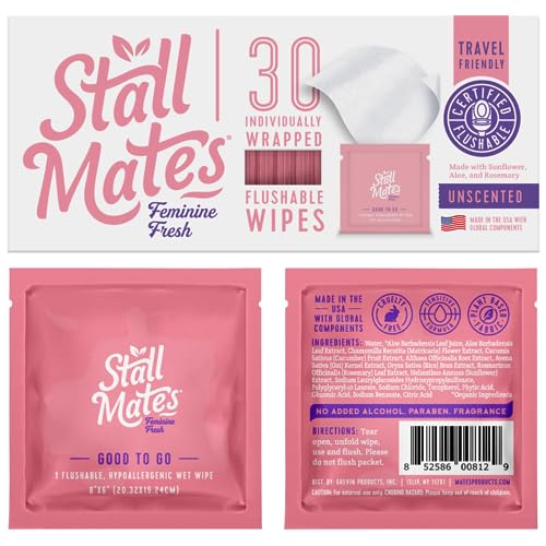 Stall Mates Adult Hygienic Wipes - PH-Balanced & Hypoallergenic, Flushable, Unscented - 30 Singles
