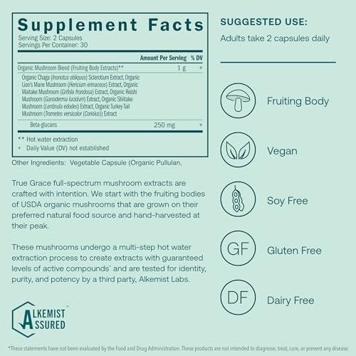 True Grace Mushroom Myco-Renew Blend - Daily Immune Support, Organic - 60 Capsules