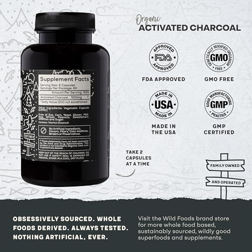 Wild Foods Activated Charcoal Capsules - Detox & Bloating Relief, Lab Tested, Non-GMO - 120 Count
