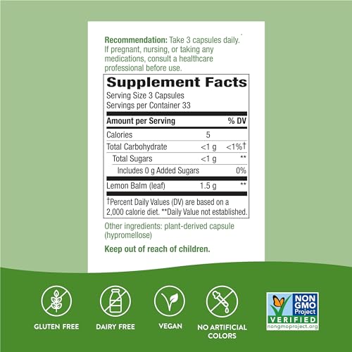 Nature's Way Lemon Balm Herbal Supplement - Traditional Sleep Aid, Non-GMO Verified - 100 Vegan Caps