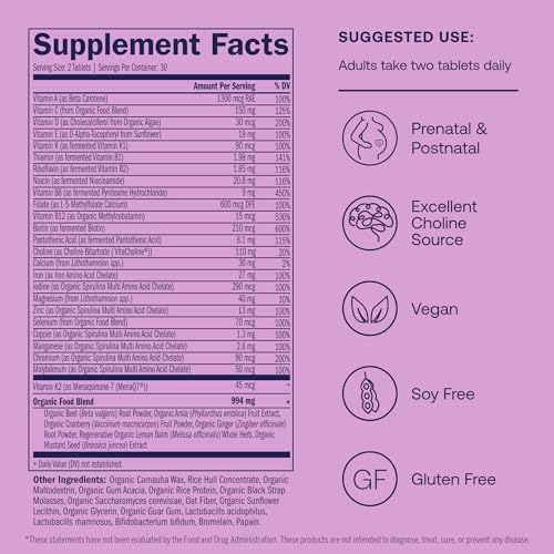 True Grace Prenatal Multivitamin - Supports Healthy Mom & Baby with Methylfolate - 60 Vegan Tablets