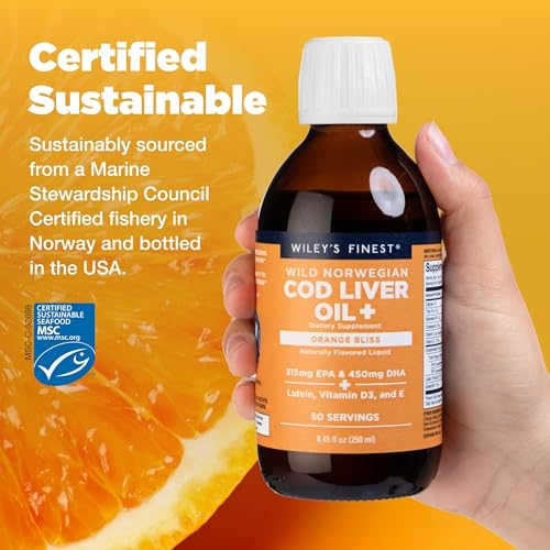 Wiley's Finest Omega-3 Cod Liver Oil - Supports Heart & Brain Health, Orange Flavor - 755mg, 8.45oz