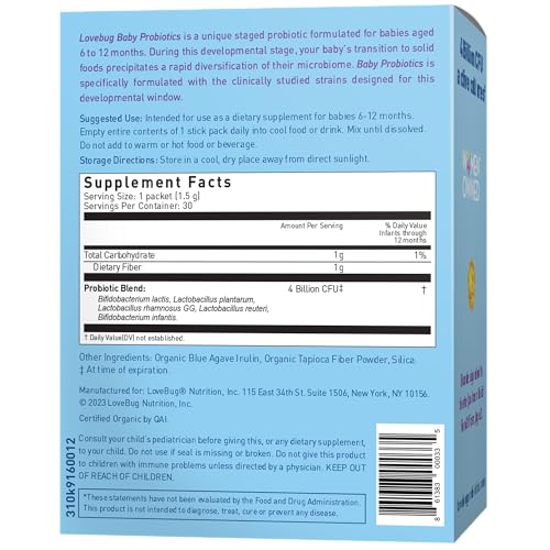 Lovebug Probiotic for Babies - Supports Digestive Health, USDA Organic, Sugar Free - 30 Packets