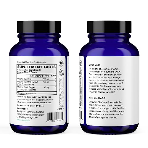 Ora Organic Turmeric Supplement - Joint & Heart Support, No Fillers - 90 Vegan Tablets