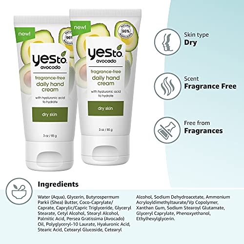 Yes To Avocado Hand Cream - Nourishing & Fast-Absorbing with Omega 3, 95% Natural - 3oz (2 Pack)