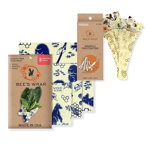 Bee's Wrap Outdoor Bundle - Reusable Food Wraps & Natural Fire Starters, 3 Pack, USA Made