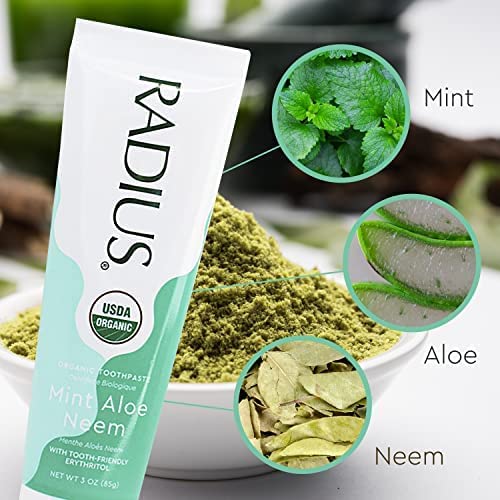 RADIUS Organic Toothpaste - Promotes Gum Health, Natural Mint Aloe Neem Flavor - 0.8oz, Pack of 3