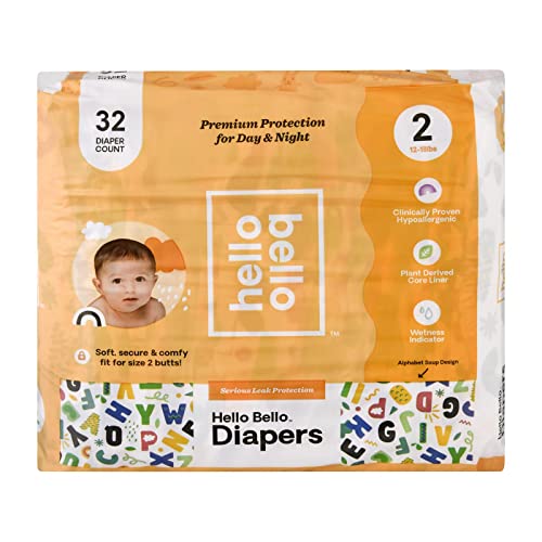 Hello Bello Premium Baby Diapers - Extra Absorbent, Hypoallergenic, Plant-Based - Size 2, 32 Count