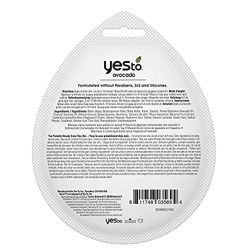 YES TO Avocado Hydrating Face Mask - Nourishes Dry Skin, Vegan, 95% Natural - 0.33 FZ