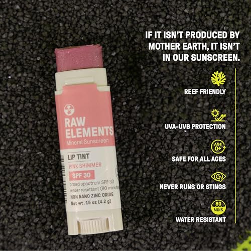 Raw Elements Pink Lip Shimmer - Broad Spectrum SPF 30, Water Resistant, Reef-Safe - 0.15oz