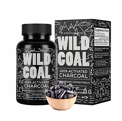 Wild Foods Activated Charcoal Capsules - Detox & Bloating Relief, Lab Tested, Non-GMO - 120 Count