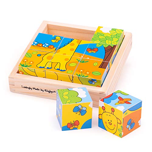 Bigjigs Toys Safari Cube Jigsaw Puzzle - Engaging Animal Puzzles, Safe Wooden, 6x9-Piece