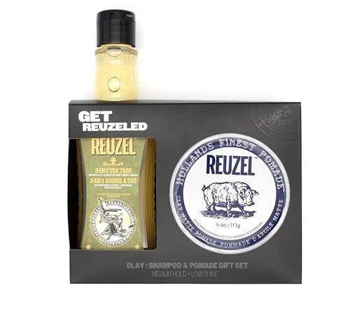 REUZEL Clay Matte Pomade & 3-in-1 Shampoo Set - Medium Hold, Refreshing Aroma - 4oz Pomade, 350ml