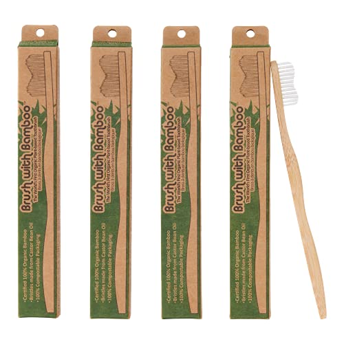 Brush with Bamboo Toothbrush - Soft Plant-Based Bristles, Compostable Packaging - 4 Pack