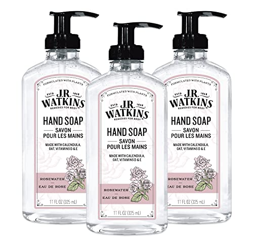 J.R. Watkins Hand Soap - Moisturizing Rosewater Cleanser, Cruelty-Free, 11 Fl Oz (Pack of 3)