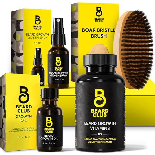 The Beard Club Beard Growth Kit - Nourishing Oil, Vitamins & Brush for Healthy Facial Hair - Cedar