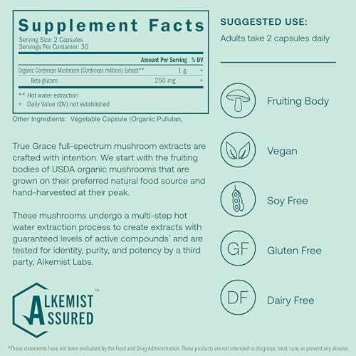True Grace Mushroom Supplement - Energy & Endurance Support, Organic Ingredients - 60 Capsules