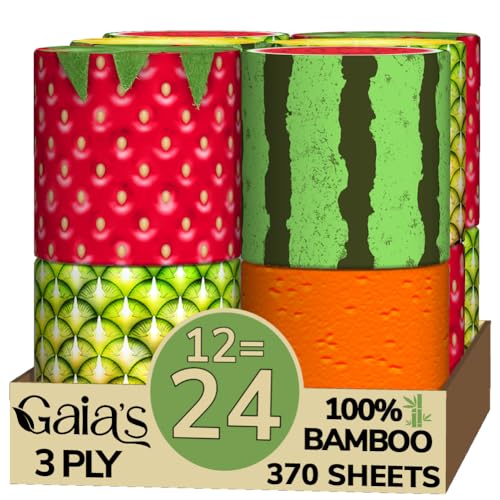 Gaias Premium Bamboo Toilet Paper - Soft, 370 Sheets, FSC Certified, Plastic Free - 12 Mega Rolls