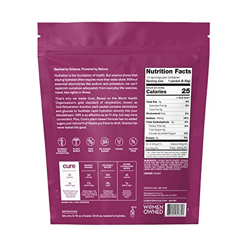 Cure Hydration Powder Packets - Rapid Electrolyte Absorption, Coconut Water, Vegan, 28 Packets