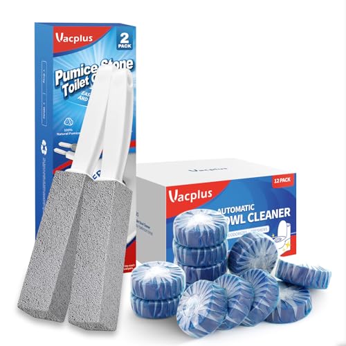 Vacplus Toilet Bowl Cleaner - Natural Pumice Stone & Automatic Tablets, 2 Pack + 12 Tablets