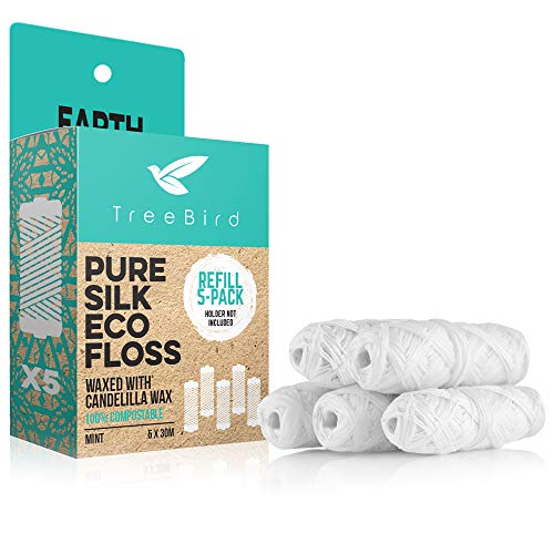 TreeBird Dental Floss Refills - Pure Silk, Plant-Based Wax, Mint Flavor - 5 Spools, 165 Yards