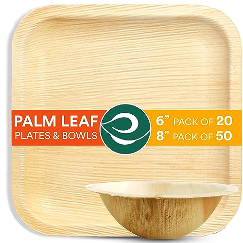 Eco Soul Dinnerware Set - Compostable Palm Leaf Plates & Bowls, 70 Count - Microwave Safe