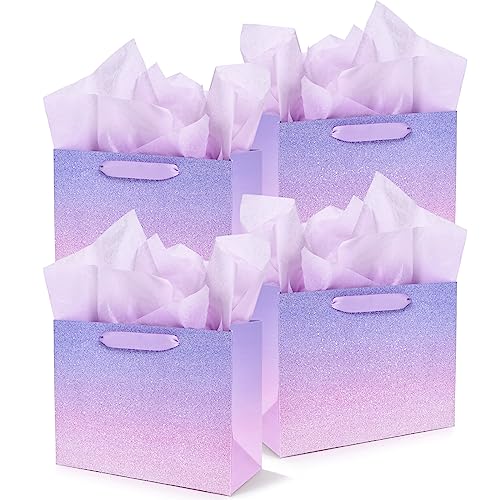 Paper Fair Ombre Purple Pink Gift Bags - Elegant Recyclable Design, 12 Pack with Tissue - 9x7 In