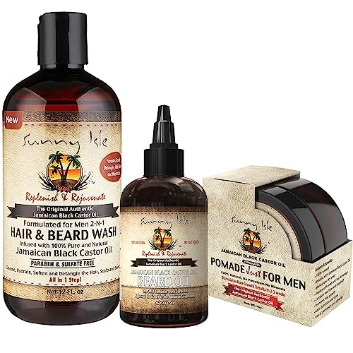 Sunny Isle Men's Grooming Set - Nourishing Hair & Beard Wash, Beard Oil, Pomade - 16oz