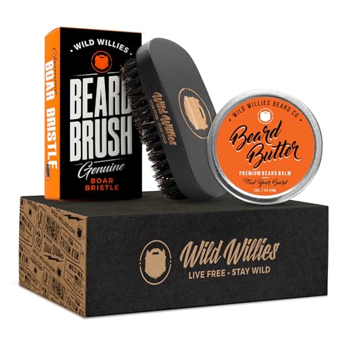 Wild Willies Beard & Mustache Kit - Natural Growth, Softening Balm & Boar Brush - Travel Size