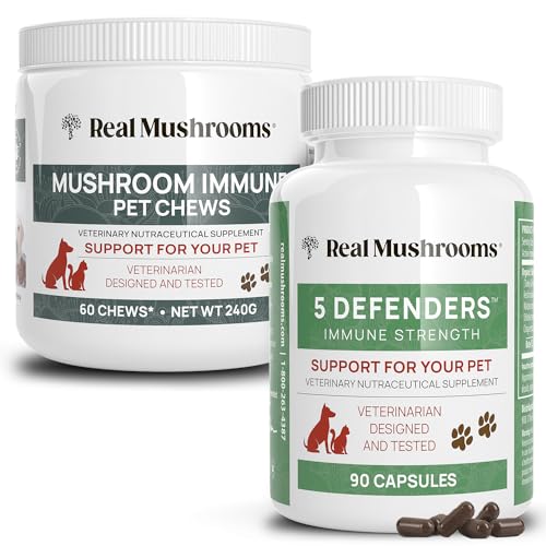 Real Mushrooms Immune Pet Chews & 5 Defenders - Boost Immunity, Vegan, Non-GMO - 60ct + 90ct
