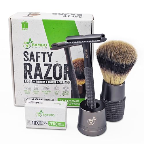 BambooEarth Double Edge Safety Razor - Smooth Shave, 10 Stainless Steel Blades - Black