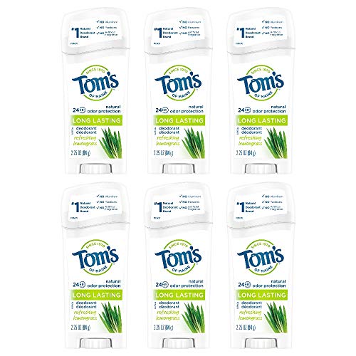 Tom's of Maine Deodorant - 24-Hour Odor Protection, Aluminum-Free, Lemongrass - 2.25oz, Pack of 6