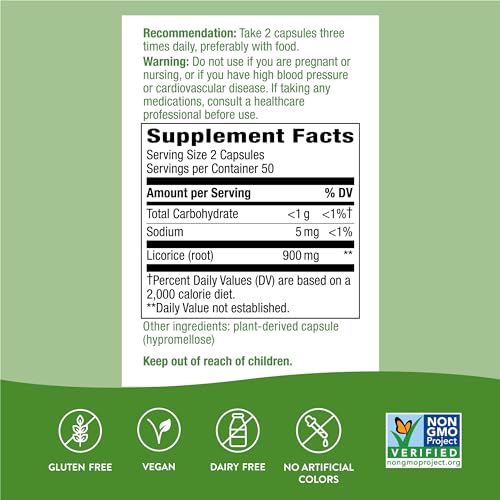 Nature's Way Licorice Root Capsules - Digestive Health Support, Vegan, Gluten-Free - 900mg, 100ct