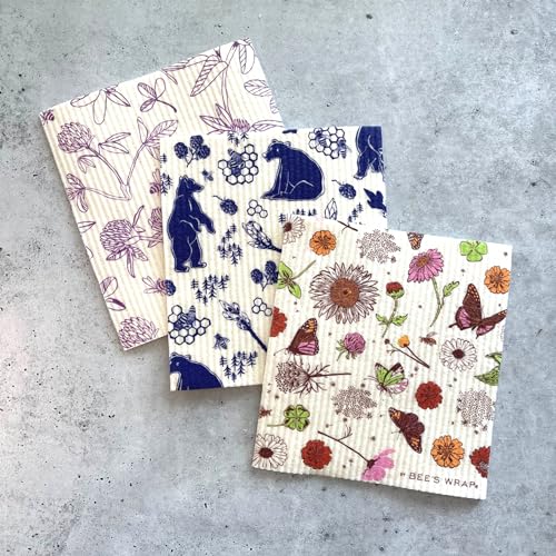 Bee's Wrap Reusable Food Wraps Bundle - Absorbent Dish Towels & Compostable Cloths - 3 Pack