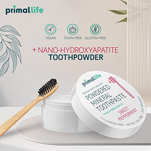 Primal Life Organics Dental Care Kit - Organic Toothpowder for Lasting Clean, Sweet Peppermint - 1oz