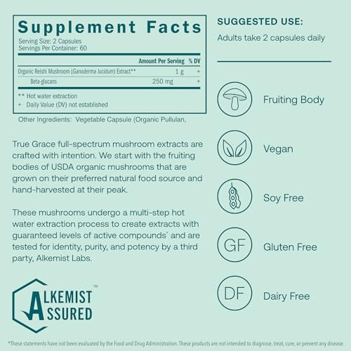 True Grace Reishi Mushroom Supplement - Immune Support, Organic, 120 Capsules