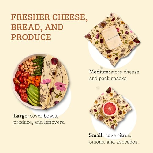 Bee's Wrap Reusable Vegan Food Wraps - Organic, Toxin-Free, 3 Sizes for Fresh Food Storage