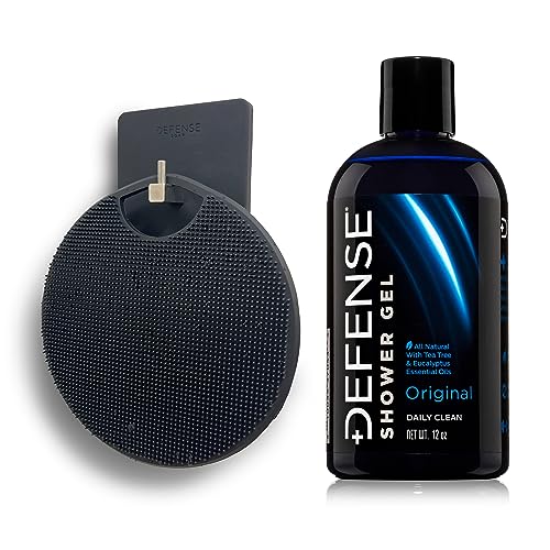 Defense Soap Body Wash & Shower Set - Deep Cleansing, Vegan Ingredients - 12oz + Scrubber