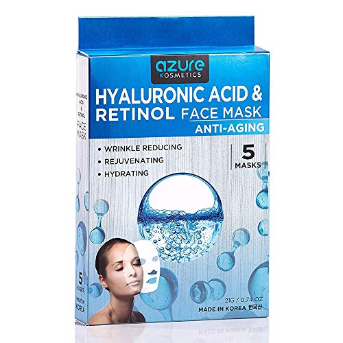 AZURE Hyaluronic Acid & Retinol Face Mask - Hydrates, Reduces Fine Lines - 5 Pack