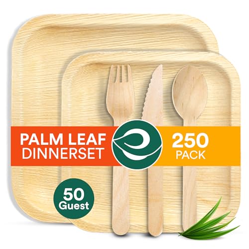 ECO SOUL Palm Leaf Dinnerware Set - 100% Compostable, Heavy-Duty Utensils for 50 Guests - 250ct