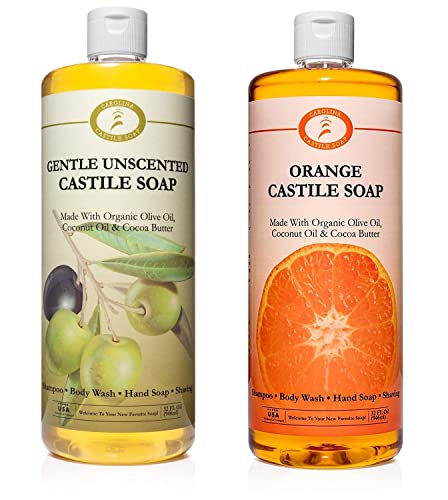Carolina Castile Soap Bundle - Non-Drying, Organic & Vegan Body Wash - 32oz Unscented & Orange