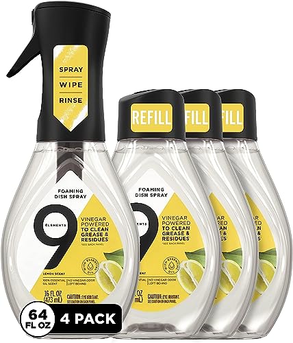 9 Elements Natural Dish Soap - Fast Grease Removal, Vinegar-Powered, 64oz Starter Kit & Refills