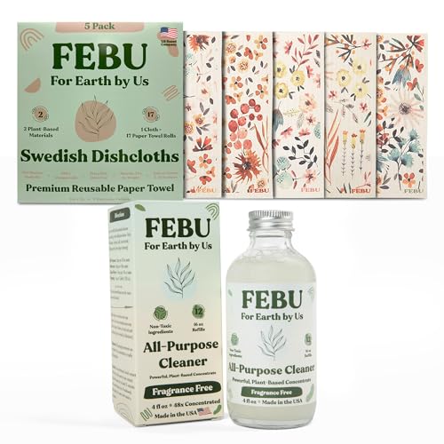 FEBU Cleaning Essentials Set - Biodegradable Swedish Dish Towels & All-Purpose Cleaner - 5 Pack