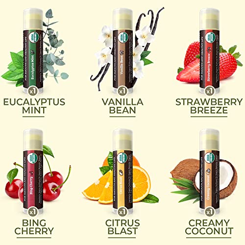 Earth's Daughter USDA Organic Lip Balm 6-Pack - Moisturizing, Non-GMO, Beeswax, Fruit Flavors