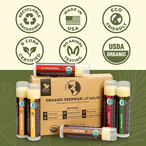 Earth's Daughter USDA Organic Lip Balm 6-Pack - Moisturizing, Non-GMO, Beeswax, Fruit Flavors