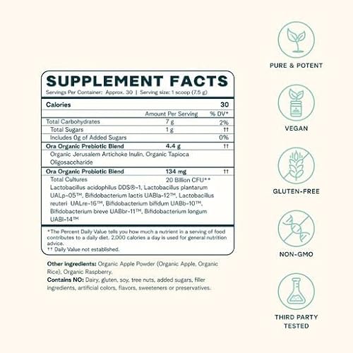 Ora Organic Probiotic Powder - 20 Billion CFU, Vegan & Non-GMO, Apple Raspberry - 30 Servings