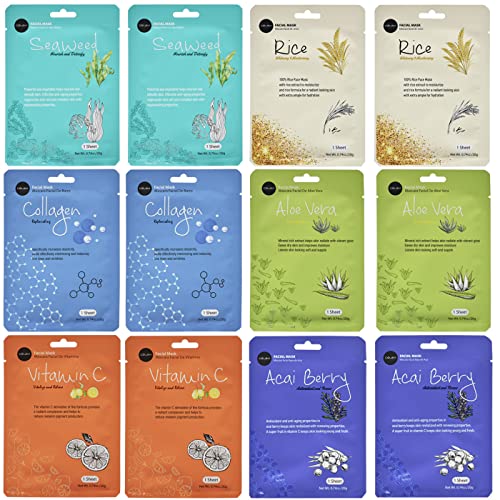 Celavi Essence Face Mask Set - Deep Hydration, Paraben & Cruelty-Free - 12 Pack Variety