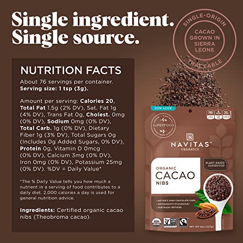 Navitas Organics Raw Cacao Nibs - Nutrient-Dense Superfood, Organic & Fair Trade - 8 oz